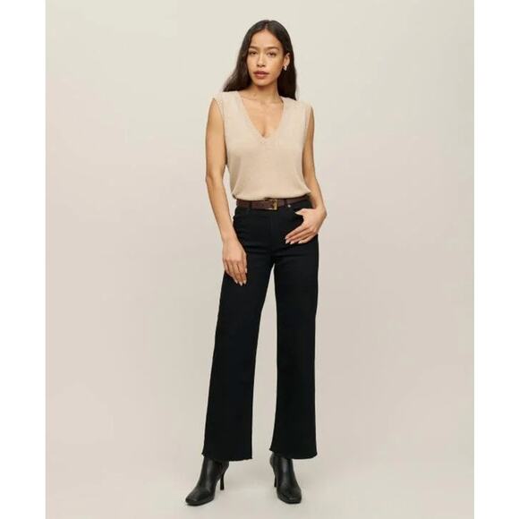 Reformation Emma High Rise Wide Leg Raw Hem Jean Black Size 25 - Picture 1 of 6